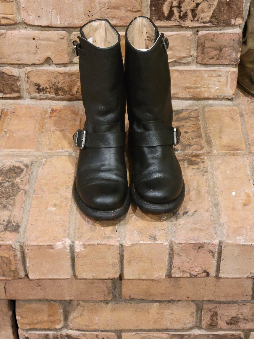 Frye Black Leather Mid-Calf Engineer Boots with Buckle